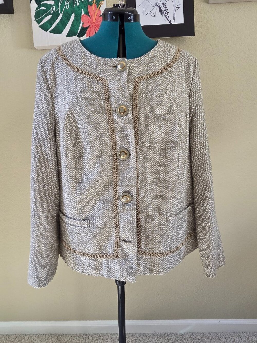 Vintage Silhouettes Metallic Gold Tweed Braided Trim Blazer Jacket